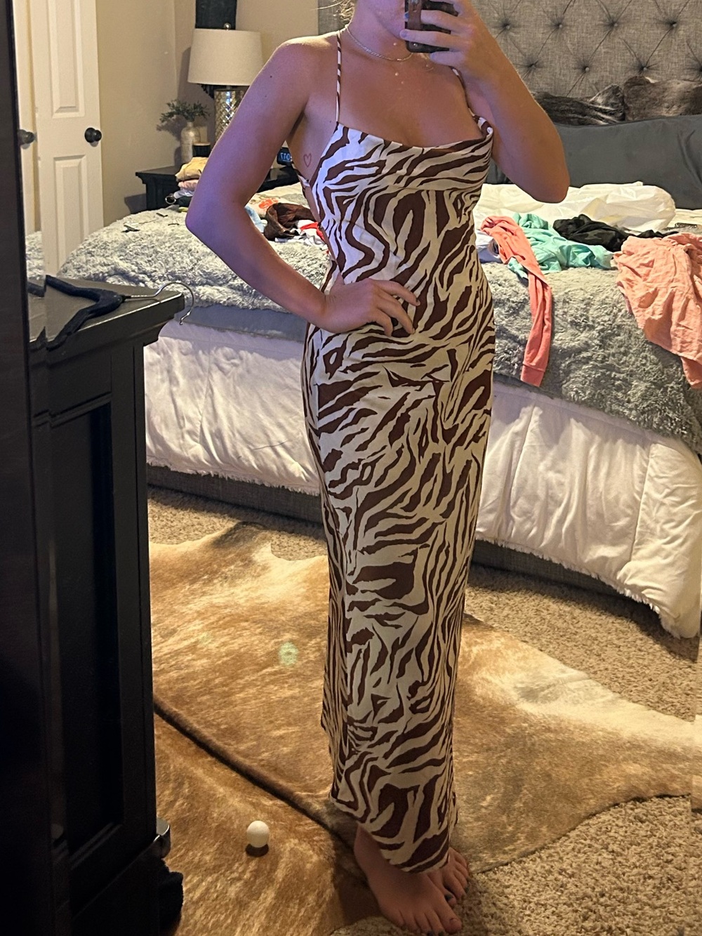 Brown backless cowl neck Zebra-Print Maxi Dress